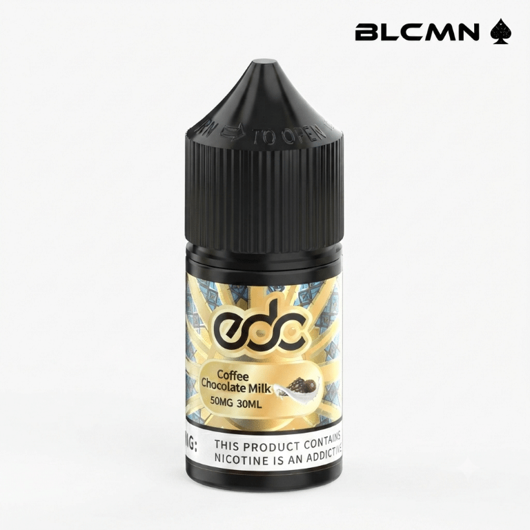 A 30ml EDC e-liquid bottle labeled "Coffee Chocolate Milk" featuring a 50mg nicotine strength and 5% nicotine content, with a black cap and the BLCMN logo in the top right corner.