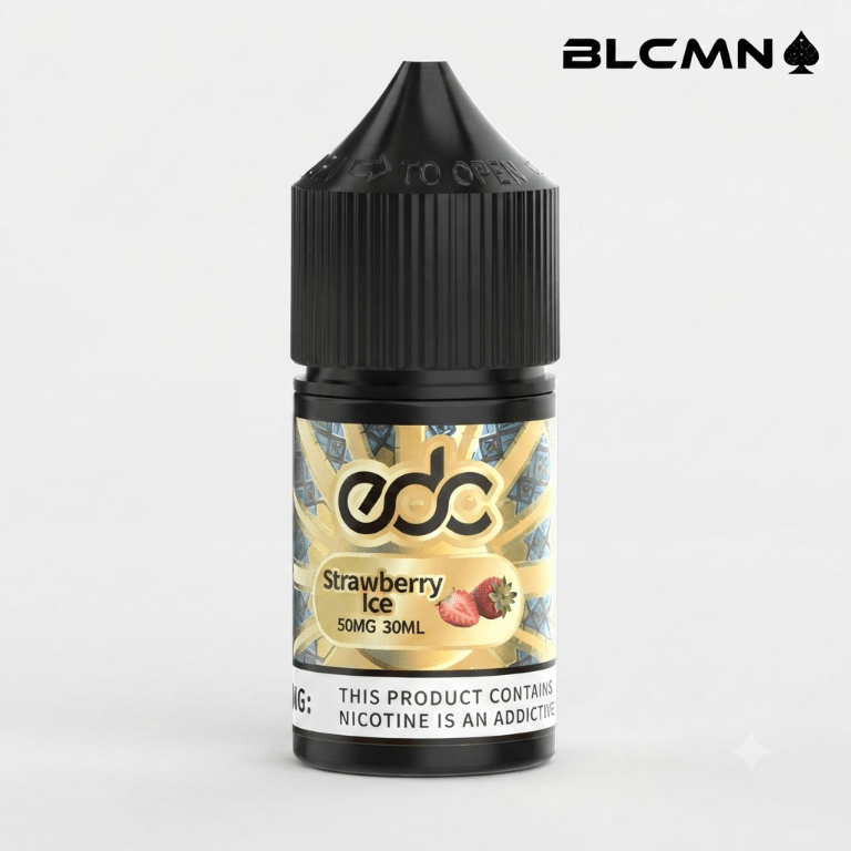 A 30ml EDC e-liquid bottle labeled "Strawberry Ice" featuring a 50mg nicotine strength and 5% nicotine content, with a black cap and the BLCMN logo in the top right corner.