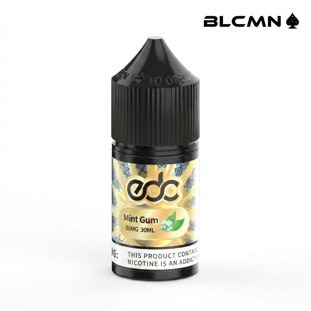 A 30ml EDC e-liquid bottle labeled "Mint Gum" featuring a 50mg nicotine strength and 5% nicotine content, with a black cap and the BLCMN logo in the top right corner.