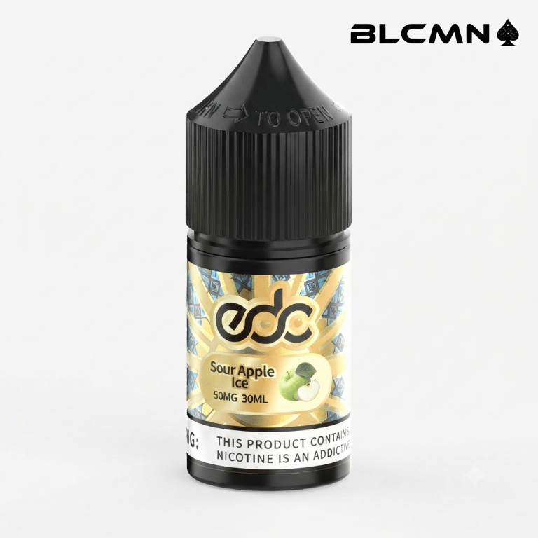 A 30ml EDC e-liquid bottle labeled "Sour Apple Ice" featuring a 50mg nicotine strength and 5% nicotine content, with a black cap and the BLCMN logo in the top right corner.