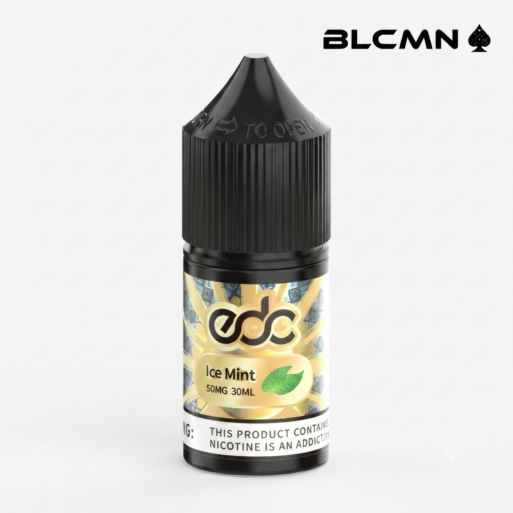 A 30ml EDC e-liquid bottle labeled "Ice Mint" featuring a 50mg nicotine strength and 5% nicotine content, with a black cap and the BLCMN logo in the top right corner.