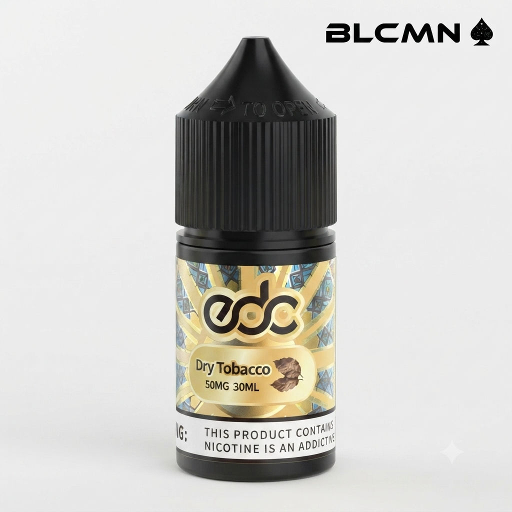 A 30ml EDC e-liquid bottle labeled "Dry Tobacco" featuring a 50mg nicotine strength and 5% nicotine content, with a black cap and the BLCMN logo in the top right corner.