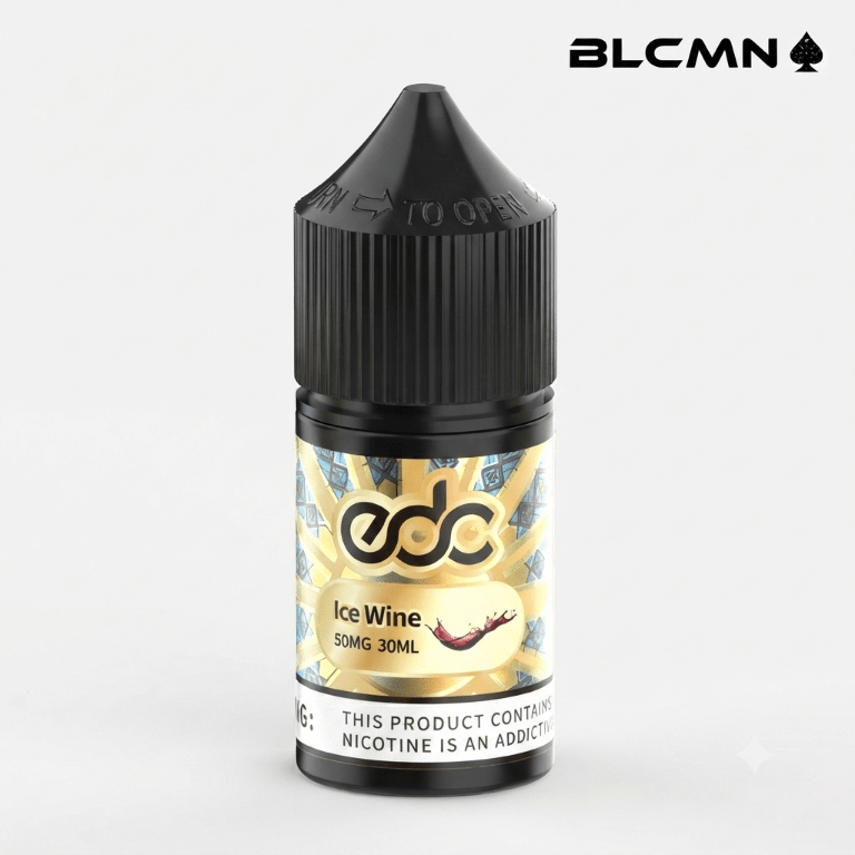 A 30ml EDC e-liquid bottle labeled "Ice Wine" featuring a 50mg nicotine strength and 5% nicotine content, with a black cap and the BLCMN logo in the top right corner.