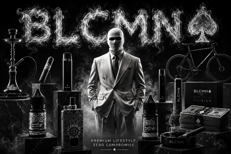 A cinematic black-and-white hero image showcasing an anonymous man in the center wearing a light-colored double-breasted suit, tie, and a white balaclava masking his face. Behind him, swirling white vapor smoke spells out the brand name "BLCMN" followed by a spade symbol. He is flanked on dark marble pedestals by an arranged product line-up including a hookah, vape devices, e-liquid bottles, a bicycle in the background, branded boxes, a stack of banded currency, an ashtray, and cigars. The tagline "PREMIUM LIFESTYLE. ZERO COMPROMISE." is centered at the bottom in crisp uppercase lettering.