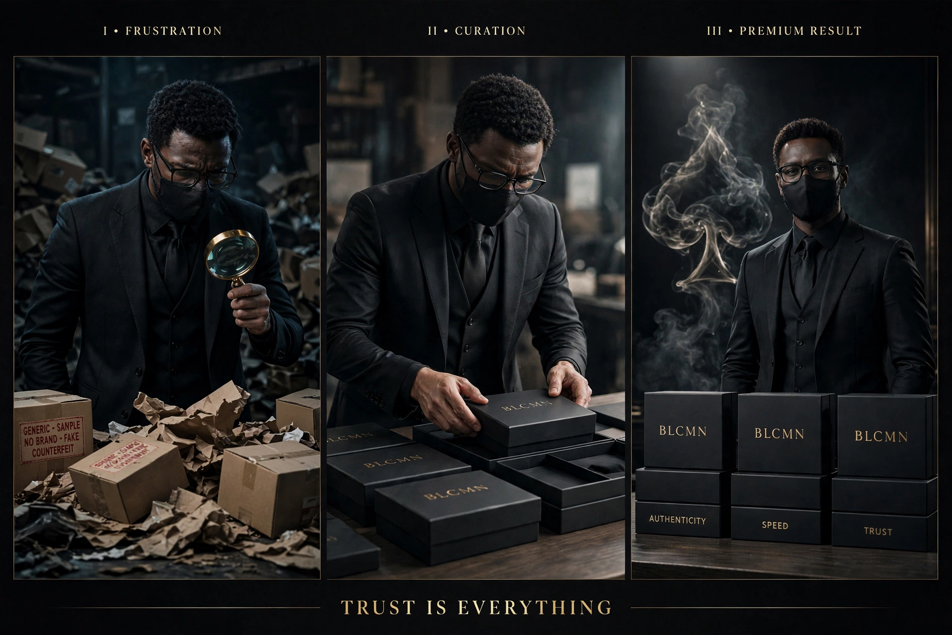 A cinematic triptych titled 'TRUST IS EVERYTHING' showing the BLCMN Marketplace brand story. Panel 1 - FRUSTRATION: A Black man in a black 3-piece suit, black face mask and glasses holds a gold magnifying glass over piles of messy brown counterfeit boxes labeled 'GENERIC - SAMPLE - NO BRAND - FAKE - COUNTERFEIT' in a dark cluttered warehouse. Panel 2 - CURATION: The same man carefully organizing premium matte black boxes with gold 'BLCMN' lettering on a wooden table, soft light coming from a window. Panel 3 - PREMIUM RESULT: The same man standing confidently behind three stacks of luxury black BLCMN boxes labeled AUTHENTICITY, SPEED, and TRUST on the bottom, with a large translucent smoke formation of a spade symbol floating behind him in a dark studio with dramatic spotlight lighting. Gold serif text borders and bottom tagline reads 'TRUST IS EVERYTHING'