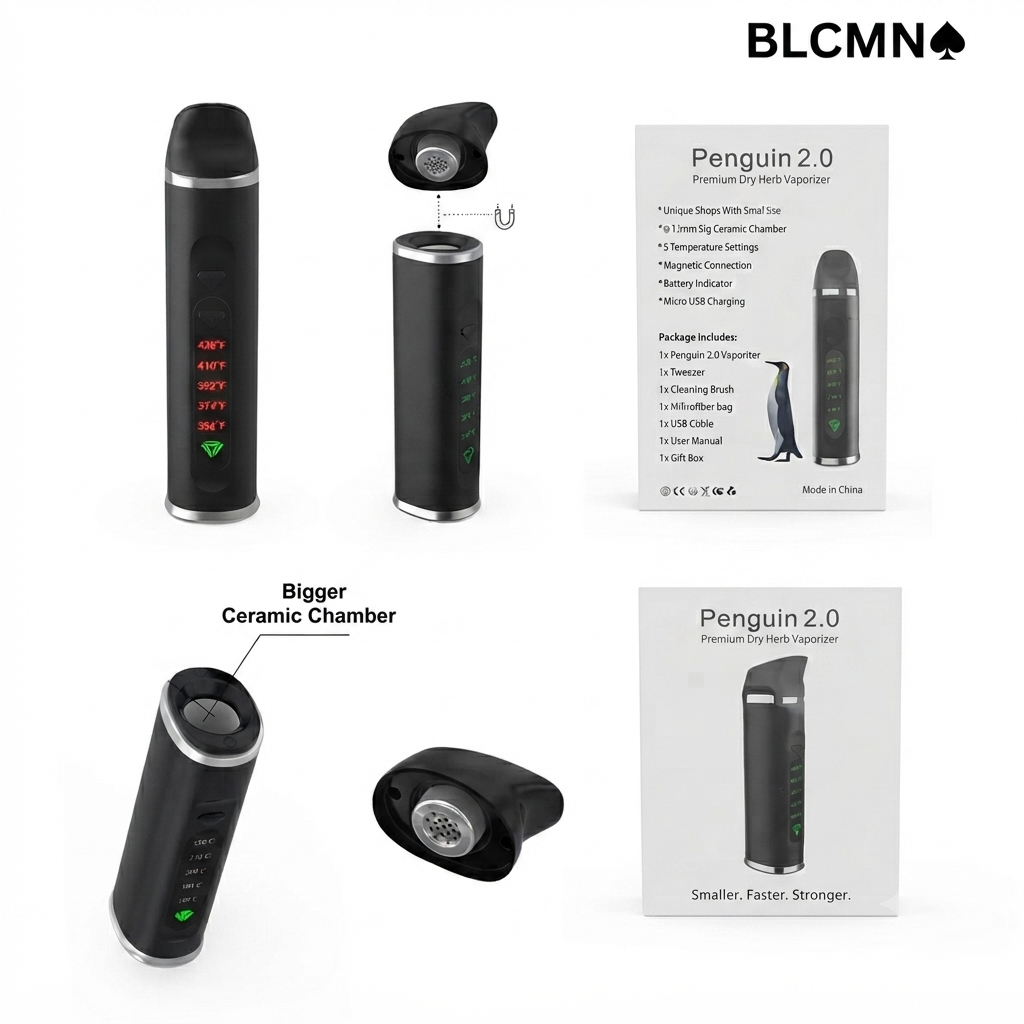 Studio 3D product showcase grid for the Penguin 2.0 Dry Herb Vaporizer against a clean white background, featuring the black device from multiple angles highlighting its ceramic chamber, magnetic mouthpiece attachment, temperature LED settings, and matching product packaging boxes with the BLCMN♠️ logo at the top right corner.
