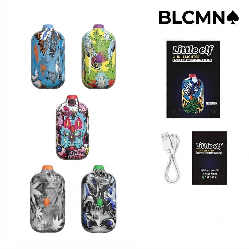 Studio 3D product showcase grid for the Little Elf 2-in-1 Lighter on a clean white background, displaying multiple colorful artistic pattern variants arranged neatly in rows, alongside its retail packaging box, USB charging cable, and user manual, with the BLCMN♠️ logo at the top right corner.