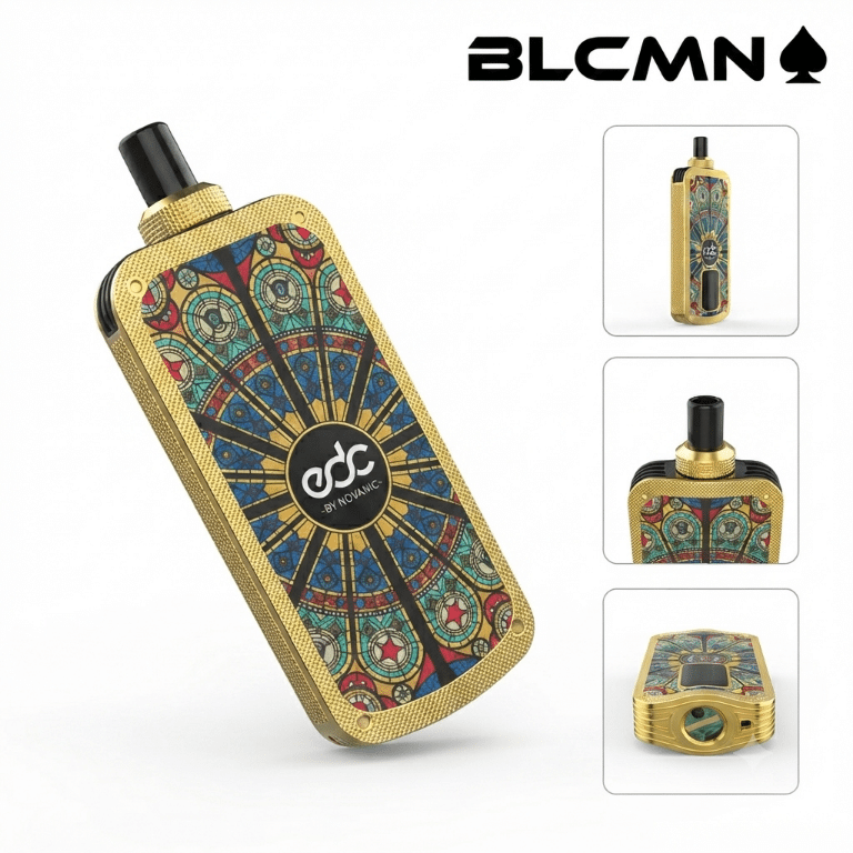 Studio 3D product showcase image for the EDC ES30K luxury e-hookah against a clean white background, featuring a large angled view of the gold-trimmed device with a colorful stained-glass mosaic pattern and "edc -by novanic-" logo, accompanied by three inset panel views highlighting the full body, mouthpiece connection, and bottom intake port, with the BLCMN♠️ logo positioned at the top right corner.