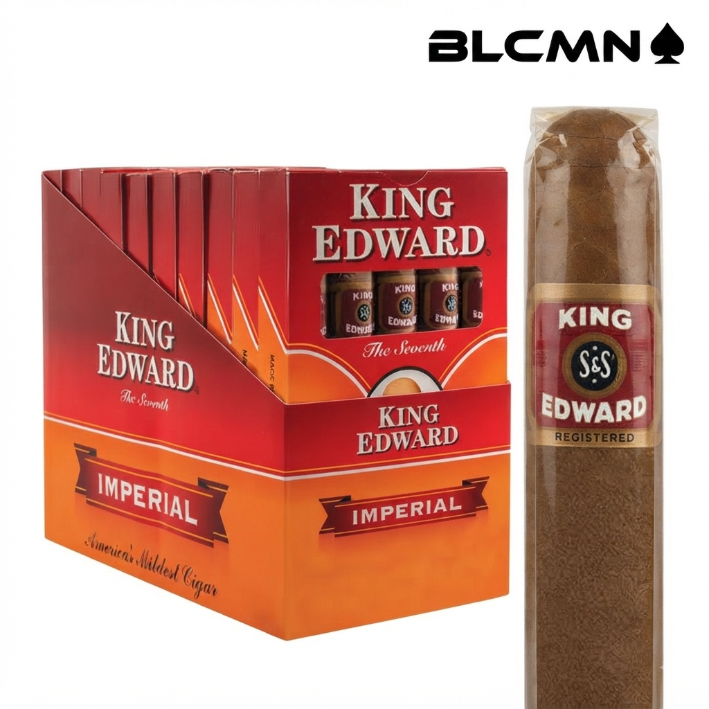 Studio product photograph on a clean white background showcasing an open master display box of King Edward Imperial cigars filled with 10 individual retail packs, accompanied by a single cellophane-wrapped cigar standing upright beside the box. The black typography logo "BLCMN♠️" is placed in the top right corner.
