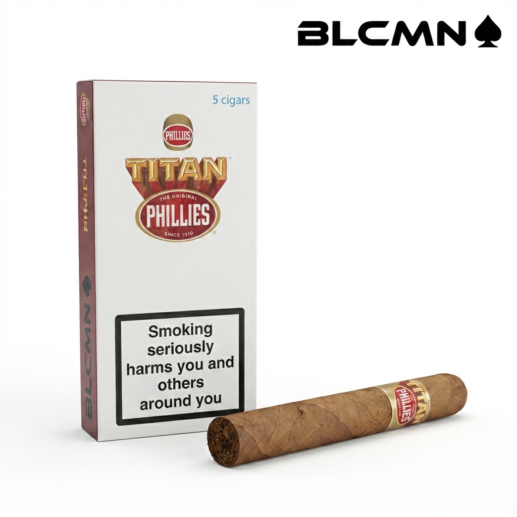 High 3D studio product photograph on a clean white background featuring a retail pack of Phillies Titan 5-pack cigars in sharp focus on the left, with an unboxed Phillies Titan cigar resting alongside it on the right. The black typography logo "BLCMN♠️" is placed in the top right corner.