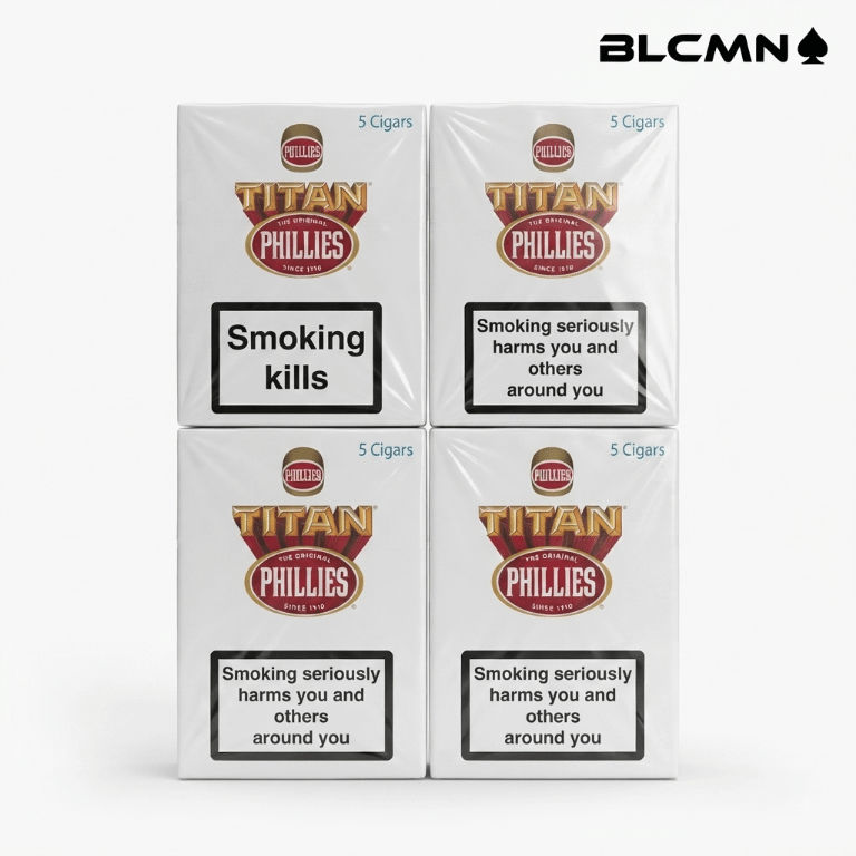 High 3D studio product photograph on a clean white background showcasing four white retail multi-packs of Phillies Titan cigars arranged neatly in a two-by-two grid formation, wrapped tightly in transparent cellophane. Each pack features the distinct red and gold Phillies Titan logo and health warning labels. The black typography logo "BLCMN♠️" is placed in the top right corner.