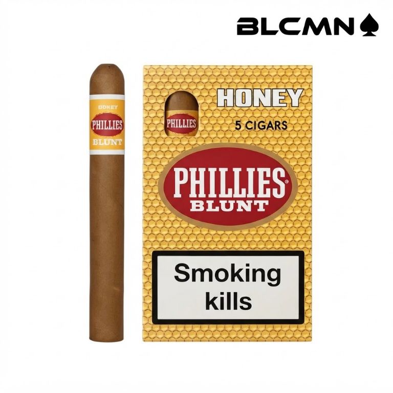 A high-resolution, studio 3D product photograph of a single Phillies Blunt Honey cigar next to its distinctive yellow honeycomb-patterned 5-pack box on a clean white background. The box clearly shows the "PHILLIES BLUNT" logo, "HONEY 5 CIGARS" text, and the mandatory health warning label. The black typography logo "BLCMN♠️" is placed in the top right corner.