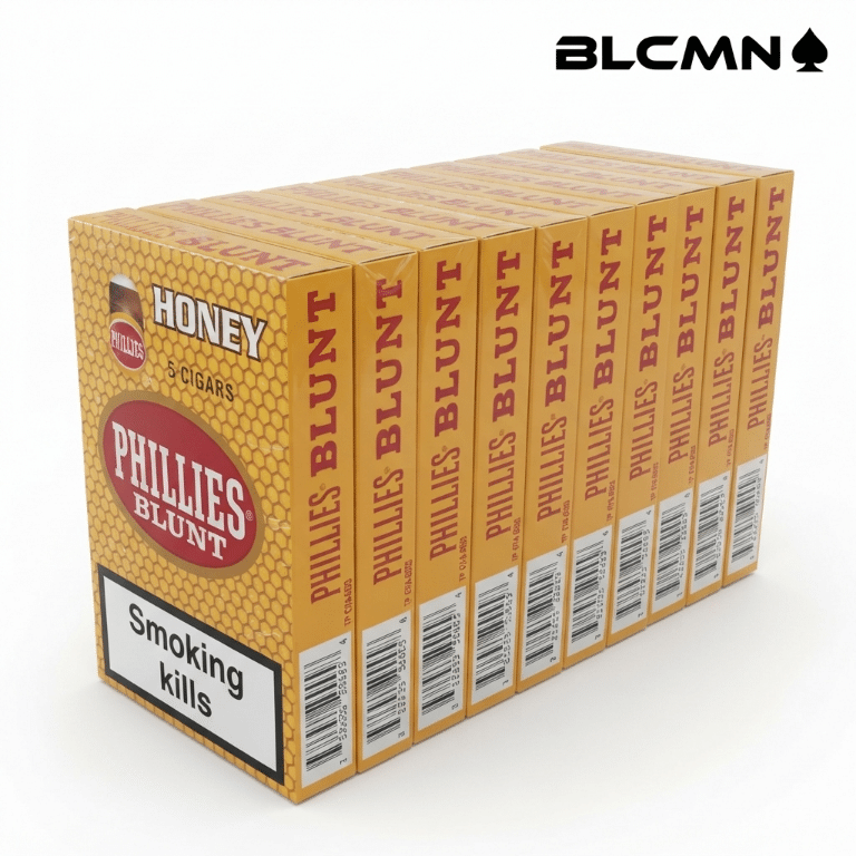 A high-resolution, studio 3D product photograph on a clean white background showcasing ten yellow honeycomb-patterned retail packs of Phillies Blunt Honey cigars arranged neatly in a row to form a full master box display. Each individual pack features the distinct red and gold Phillies Blunt logo, "HONEY 5 CIGARS" text, and health warning labels. The black typography logo "BLCMN♠️" is placed in the top right corner.