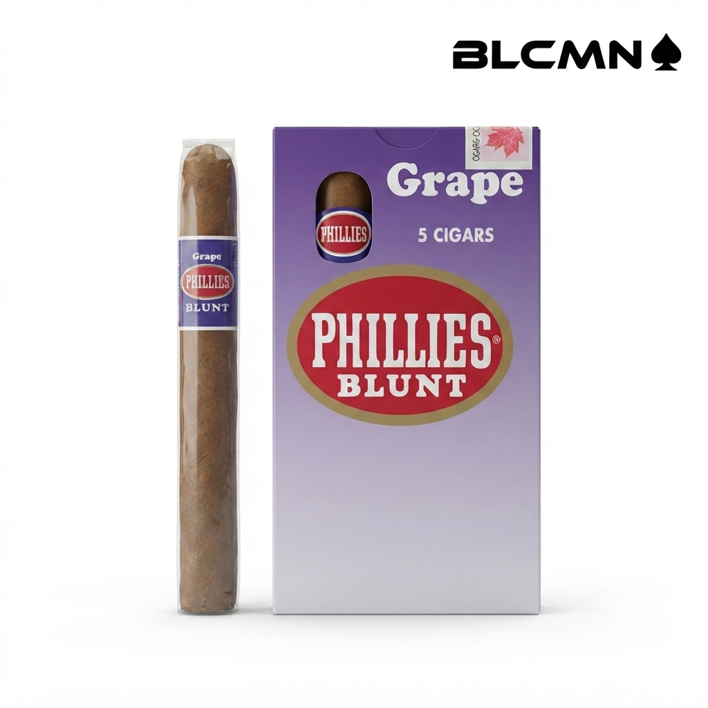 A high-resolution, studio 3D product photograph of a single packaged Phillies Blunt Grape cigar next to its purple and white retail 5-pack box on a clean white background. The box clearly features the "PHILLIES BLUNT" red and gold oval logo, "Grape 5 CIGARS" text, and a tax stamp. The black typography logo "BLCMN♠️" is placed in the top right corner.