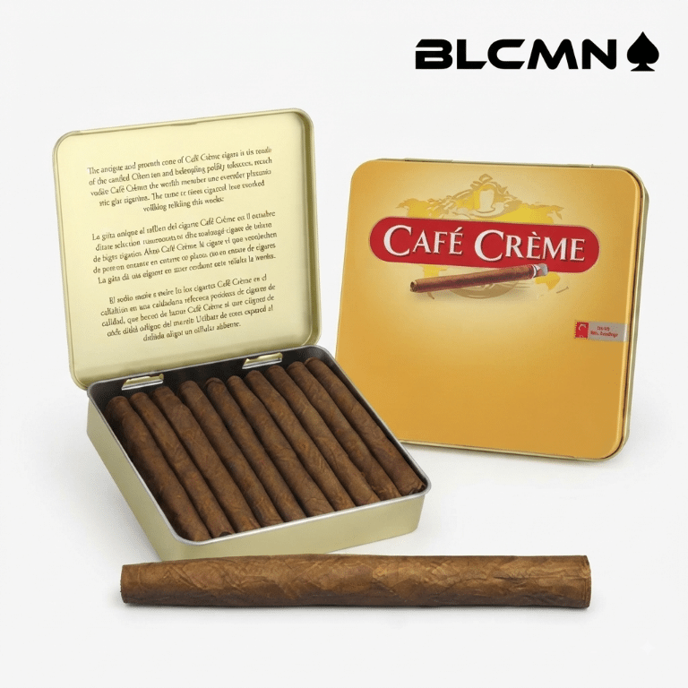 A high-resolution, studio 3D product photograph on a clean white background showcasing an open gold Cafe Creme metal retail tin displaying ten miniature dry-cured cigarillos inside alongside a single cigarillo resting in the foreground and a closed tin positioned in the background. The black typography logo "BLCMN♠️" is placed in the top right corner.