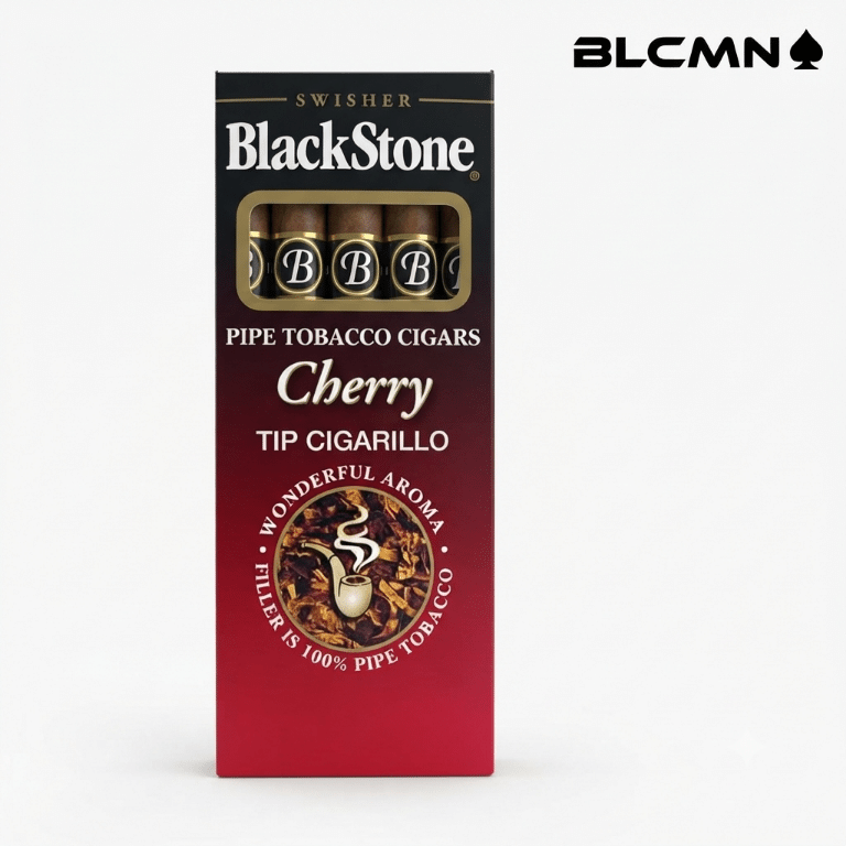 Studio 3D render of a vertically oriented pack of "Swisher Blackstone Pipe Tobacco Cigars Cherry Tip Cigarillo" against a plain white background. The packaging is black and deep red, featuring a window showing the gold-branded tips, and a circular logo depicting a pipe with the text "Wonderful Aroma - Filler is 100% Pipe Tobacco." The BLCMN logo (text and spade) is in the top right corner.