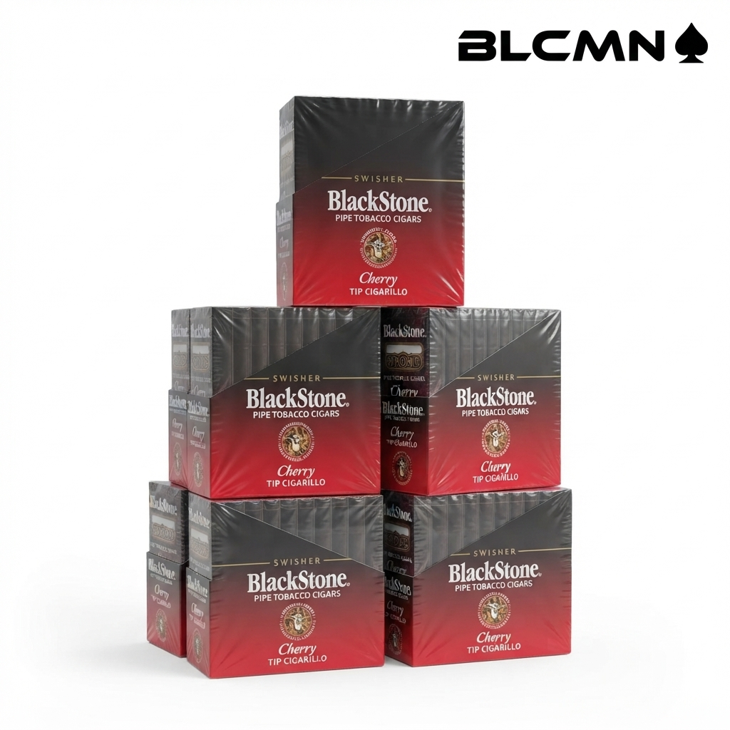 Studio 3D product render on a clean white background featuring a stacked master carton display of Blackstone Cherry Tip Cigarillos by Swisher with vibrant red and black packaging, complete with the BLCMN spade logo at the top right corner.