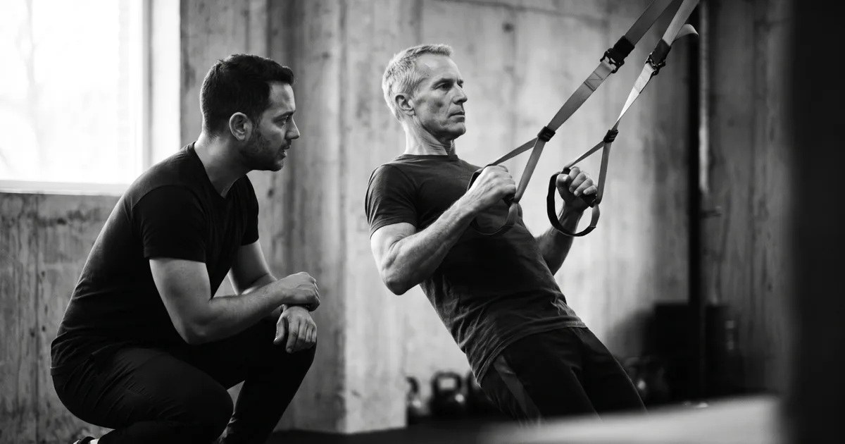 Paulo Teixeira agachado a acompanhar um cliente perto dos 60 anos num remo de TRX, foto a preto e branco
